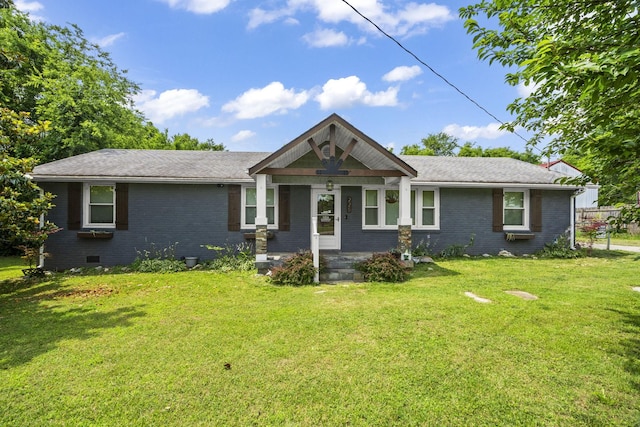 225 Nelson Dr, La Vergne, TN 37086 - view of front of house with brick siding, a front lawn, a porch, and crawl space
