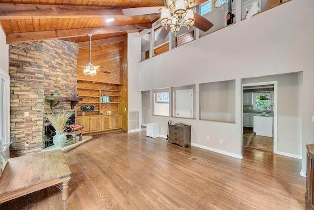 1321 Robert E Lee Ln, Brentwood, TN 37027 - unfurnished living room featuring ceiling fan, a wood ceiling with exposed beams, high vaulted ceiling, wood finished floors, and a fireplace