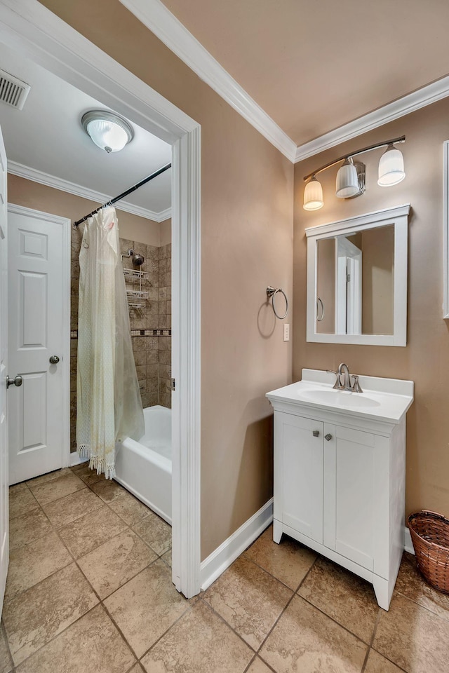 1321 Robert E Lee Ln, Brentwood, TN 37027 - bathroom with vanity, crown molding, shower / tub combo with curtain, and tile patterned floors
