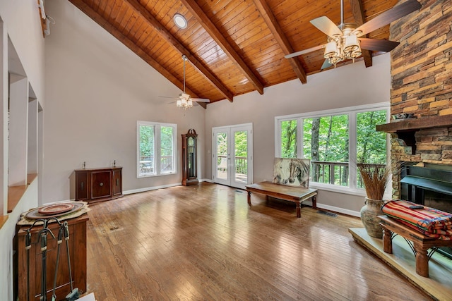 1321 Robert E Lee Ln, Brentwood, TN 37027 - living room featuring a ceiling fan, high vaulted ceiling, a wood ceiling with exposed beams, hardwood / wood-style floors, and plenty of natural light