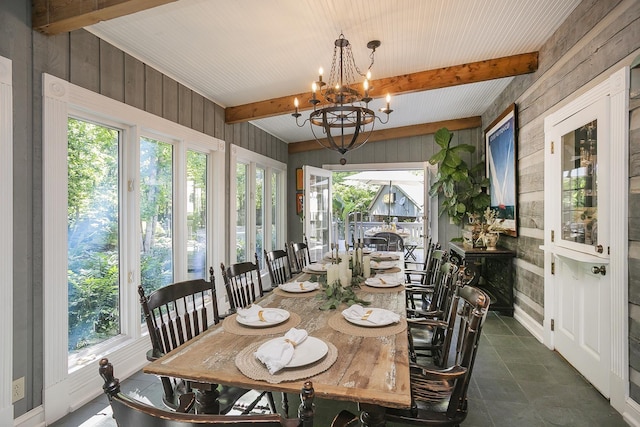 1105 Mount Pleasant Rd, Kingston Springs, TN 37082 - sunroom with wood walls, beam ceiling, a chandelier, and tile patterned flooring