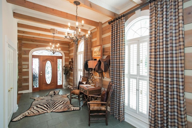 1105 Mount Pleasant Rd, Kingston Springs, TN 37082 - entrance foyer featuring a chandelier, wooden walls, beamed ceiling, and french doors