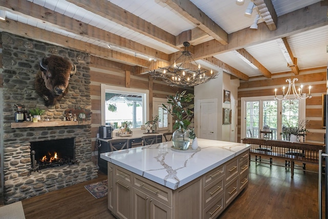 1105 Mount Pleasant Rd, Kingston Springs, TN 37082 - kitchen with a chandelier, dark wood-style flooring, beamed ceiling, a center island, and gray cabinets