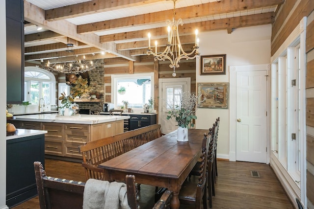 1105 Mount Pleasant Rd, Kingston Springs, TN 37082 - dining room with a chandelier, dark wood-type flooring, and beam ceiling