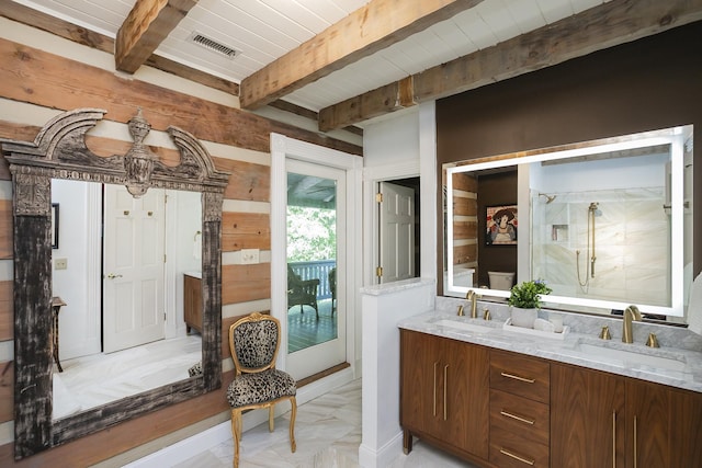 1105 Mount Pleasant Rd, Kingston Springs, TN 37082 - bathroom featuring beam ceiling, double vanity, a shower stall, and wooden walls