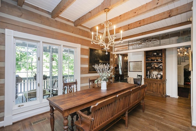 1105 Mount Pleasant Rd, Kingston Springs, TN 37082 - dining area with a chandelier, wooden walls, wood finished floors, and wood ceiling with exposed beams