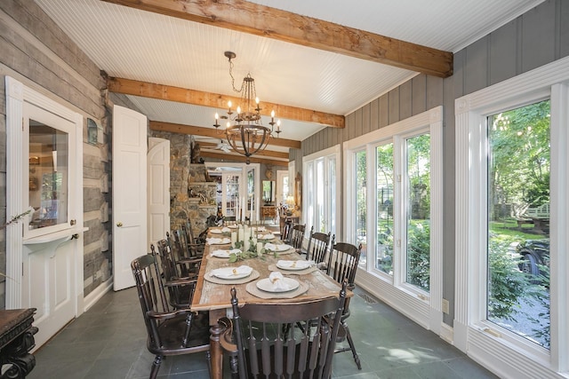 1105 Mount Pleasant Rd, Kingston Springs, TN 37082 - dining room featuring beamed ceiling, wooden walls, and a chandelier