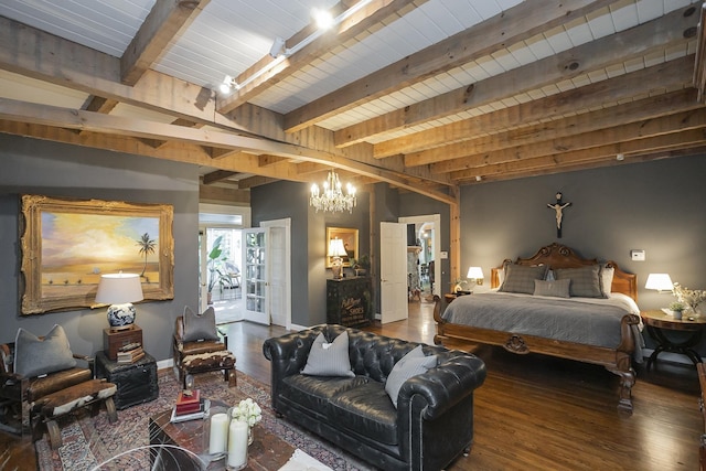 1105 Mount Pleasant Rd, Kingston Springs, TN 37082 - bedroom featuring wood finished floors, a chandelier, baseboards, access to outside, and wood ceiling with exposed beams