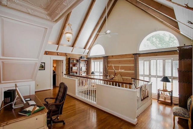 1105 Mount Pleasant Rd, Kingston Springs, TN 37082 - office area featuring high vaulted ceiling, healthy amount of natural light, wood finished floors, ceiling fan, and beam ceiling
