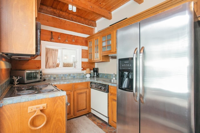 1105 Mount Pleasant Rd, Kingston Springs, TN 37082 - kitchen with stainless steel fridge with ice dispenser, dishwasher, tile countertops, wooden ceiling with exposed beams, and glass insert cabinets