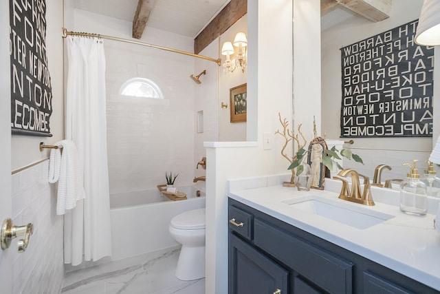 1105 Mount Pleasant Rd, Kingston Springs, TN 37082 - bathroom featuring beamed ceiling, vanity, toilet, shower / tub combo with curtain, and marble look tile flooring