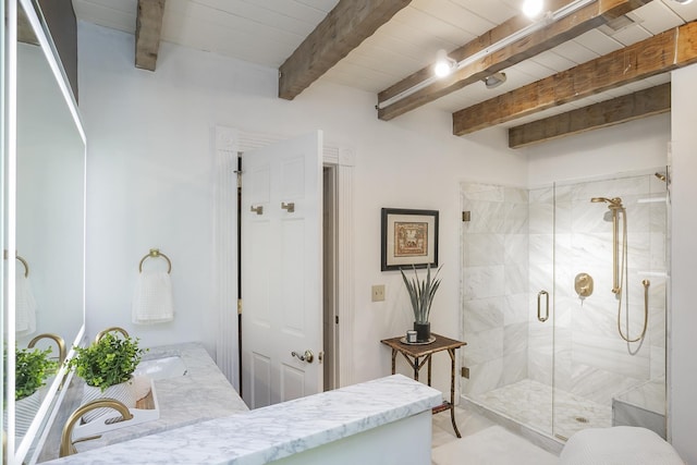 1105 Mount Pleasant Rd, Kingston Springs, TN 37082 - bathroom featuring a stall shower, vanity, and beam ceiling
