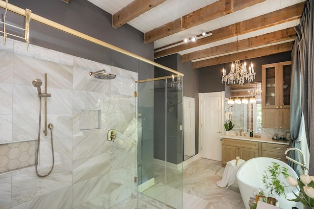 1105 Mount Pleasant Rd, Kingston Springs, TN 37082 - full bathroom with a stall shower, vanity, beam ceiling, a chandelier, and a freestanding tub