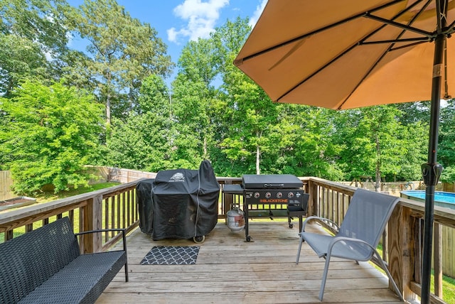 1341 Sussex Dr, Clarksville, TN 37042 - deck featuring a fenced backyard, a grill, and view of wooded area