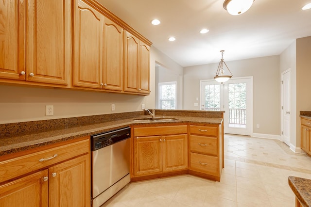 4370 Wellesley Dr, Ooltewah, TN 37363 - kitchen with dishwasher, a sink, recessed lighting, a peninsula, and dark stone countertops