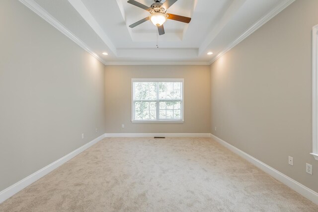 4370 Wellesley Dr, Ooltewah, TN 37363 - spare room featuring a raised ceiling, a ceiling fan, light colored carpet, recessed lighting, and baseboards