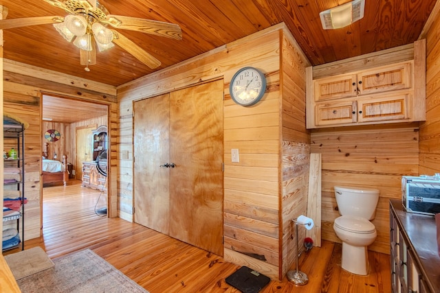 230 Silver Water Ln, Counce, TN 38326 - bathroom with wooden ceiling, wooden walls, toilet, a ceiling fan, and wood-type flooring