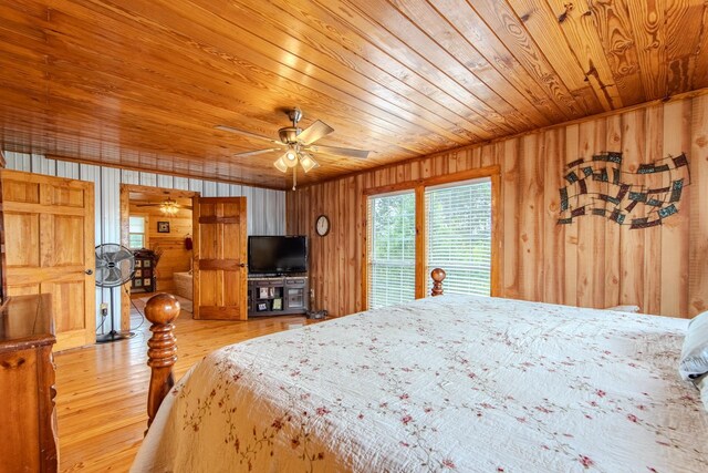 230 Silver Water Ln, Counce, TN 38326 - bedroom with wood ceiling, light wood finished floors, access to exterior, and wood walls