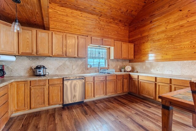 230 Silver Water Ln, Counce, TN 38326 - kitchen with dishwasher, light countertops, tasteful backsplash, wood ceiling, and vaulted ceiling