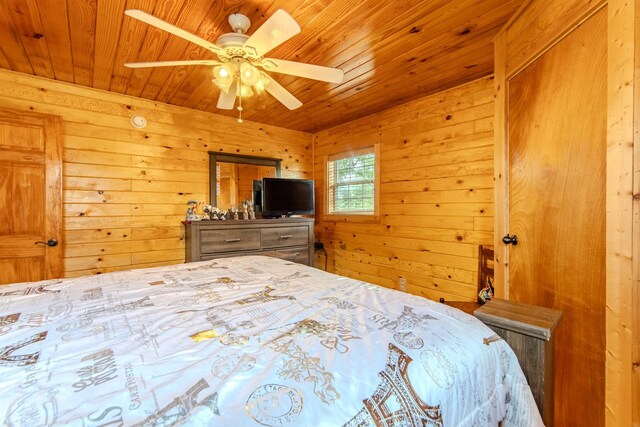 230 Silver Water Ln, Counce, TN 38326 - bedroom with wooden ceiling, wooden walls, and ceiling fan