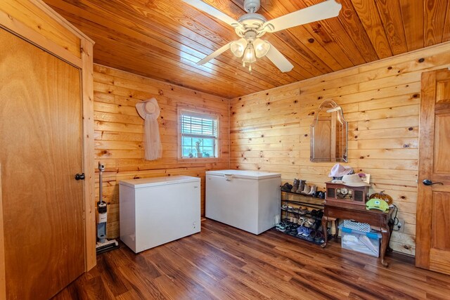 230 Silver Water Ln, Counce, TN 38326 - laundry area with washing machine and dryer, wood ceiling, a ceiling fan, wood finished floors, and wood walls