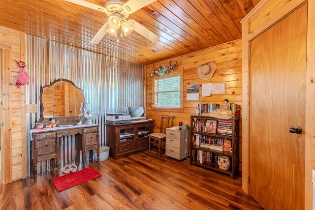 230 Silver Water Ln, Counce, TN 38326 - office area with a ceiling fan, wood finished floors, wooden walls, and wooden ceiling