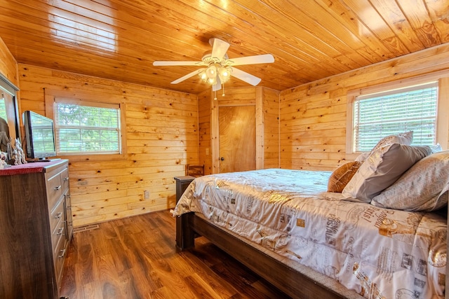 230 Silver Water Ln, Counce, TN 38326 - bedroom featuring multiple windows, wood ceiling, dark wood-style flooring, wooden walls, and a ceiling fan