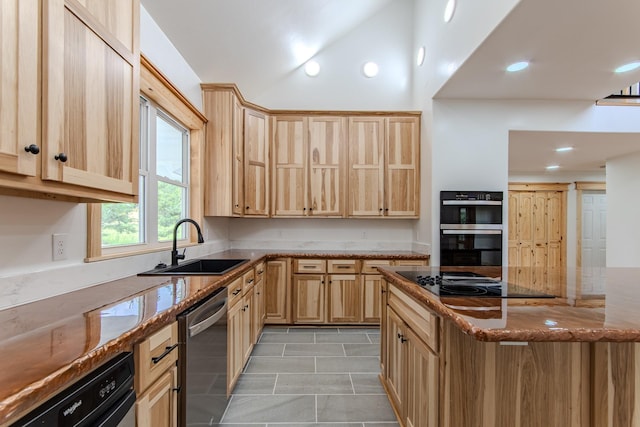 619 Bridgeview Cv, Bath Springs, TN 38311 - kitchen with black appliances, light brown cabinetry, a sink, stone counters, and light tile patterned flooring
