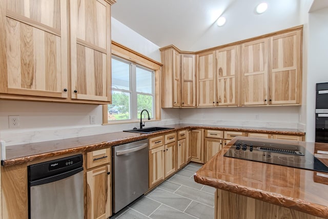 619 Bridgeview Cv, Bath Springs, TN 38311 - kitchen with appliances with stainless steel finishes, a sink, light brown cabinets, light tile patterned floors, and lofted ceiling