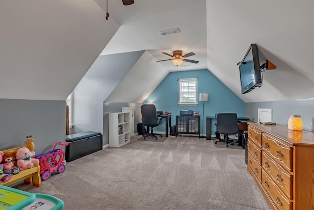 1305 Standing Stone Cir, Columbia, TN 38401 - playroom featuring ceiling fan, light carpet, lofted ceiling, an office area, and baseboards