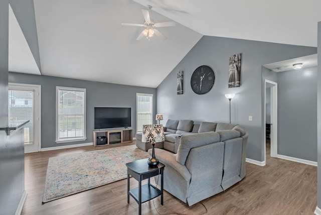 1305 Standing Stone Cir, Columbia, TN 38401 - living room with a ceiling fan, plenty of natural light, wood finished floors, baseboards, and high vaulted ceiling