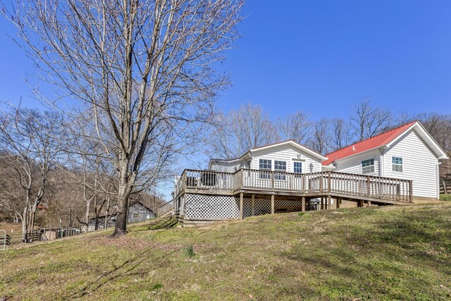 5312 Wiley Hollow Rd, Culleoka, TN 38451 - rear view of property with a wooden deck, a yard, and metal roof