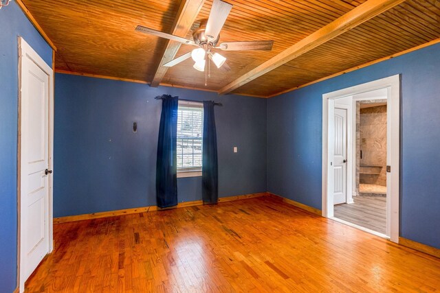 5312 Wiley Hollow Rd, Culleoka, TN 38451 - empty room with wooden ceiling with exposed beams, ceiling fan, baseboards, and wood finished floors