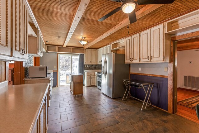 5312 Wiley Hollow Rd, Culleoka, TN 38451 - kitchen with open shelves, stainless steel refrigerator with ice dispenser, wooden ceiling with exposed beams, tasteful backsplash, and a ceiling fan