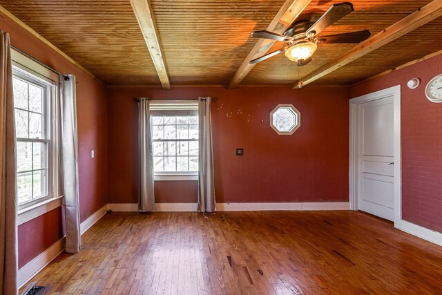 5312 Wiley Hollow Rd, Culleoka, TN 38451 - spare room with wooden ceiling with exposed beams, ceiling fan, plenty of natural light, and wood-type flooring