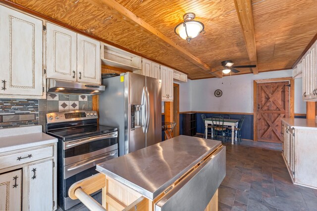 5312 Wiley Hollow Rd, Culleoka, TN 38451 - kitchen featuring stainless steel appliances, under cabinet range hood, wood ceiling with exposed beams, ceiling fan, and backsplash