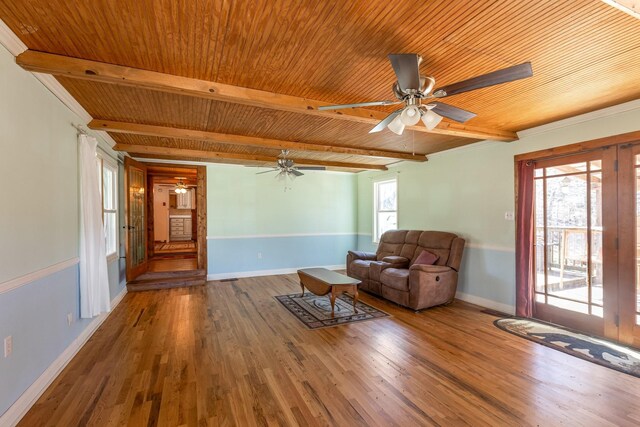 5312 Wiley Hollow Rd, Culleoka, TN 38451 - living area featuring a ceiling fan, wooden ceiling, wood finished floors, and baseboards