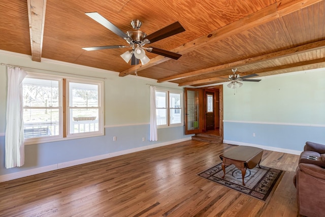 5312 Wiley Hollow Rd, Culleoka, TN 38451 - unfurnished living room with wood ceiling with exposed beams, a ceiling fan, baseboards, and wood finished floors