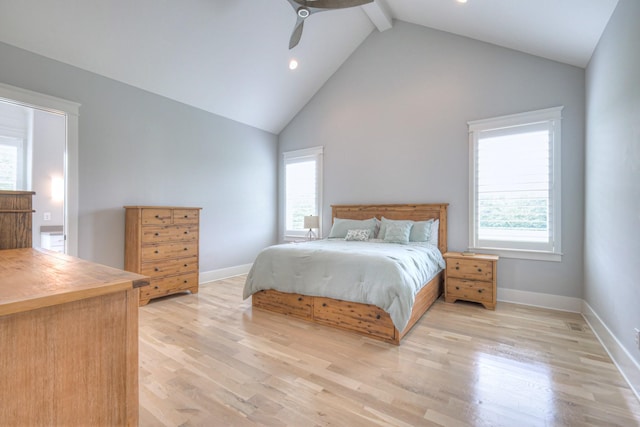 2117 Southern Preserve Ln, Franklin, TN 37064 - bedroom with multiple windows, beam ceiling, light wood-style floors, high vaulted ceiling, and ceiling fan