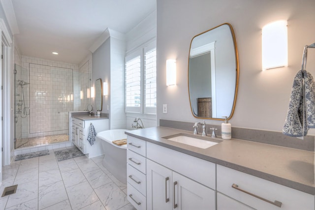 2117 Southern Preserve Ln, Franklin, TN 37064 - full bath featuring a stall shower, vanity, a freestanding bath, marble look tile flooring, and recessed lighting