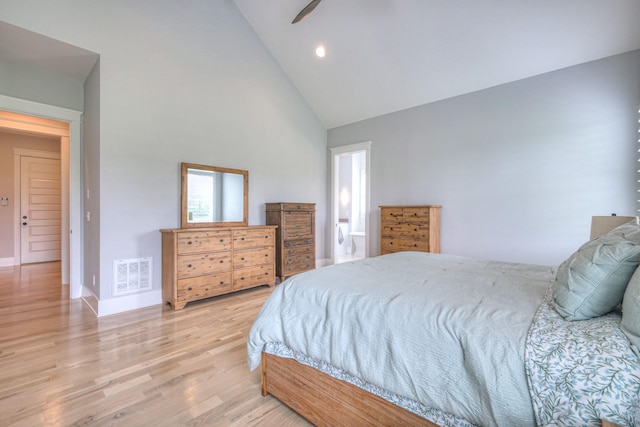 2117 Southern Preserve Ln, Franklin, TN 37064 - bedroom with high vaulted ceiling, light wood-type flooring, a ceiling fan, and recessed lighting
