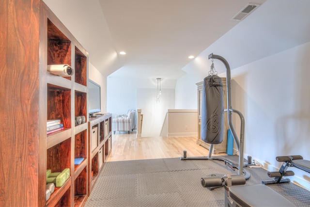 2117 Southern Preserve Ln, Franklin, TN 37064 - workout room featuring recessed lighting, wood finished floors, and vaulted ceiling