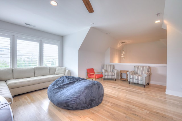 2117 Southern Preserve Ln, Franklin, TN 37064 - living room featuring wood finished floors, recessed lighting, lofted ceiling, and ceiling fan