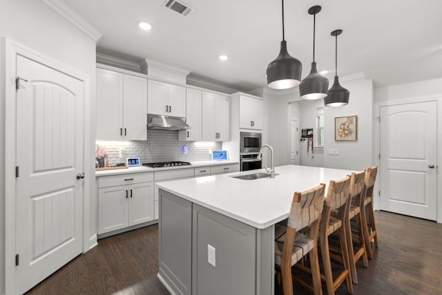 2122 Notchleaf Rd, Antioch, TN 37013 - kitchen with under cabinet range hood, appliances with stainless steel finishes, crown molding, dark wood-type flooring, and a sink