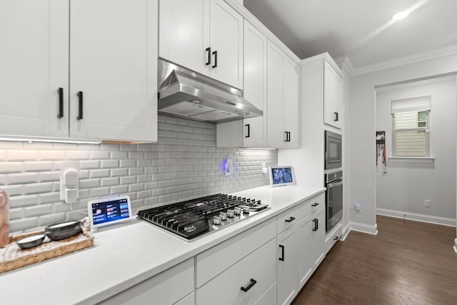 2122 Notchleaf Rd, Antioch, TN 37013 - kitchen featuring under cabinet range hood, appliances with stainless steel finishes, baseboards, tasteful backsplash, and crown molding
