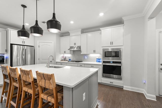 2122 Notchleaf Rd, Antioch, TN 37013 - kitchen with stainless steel appliances, a sink, crown molding, under cabinet range hood, and tasteful backsplash