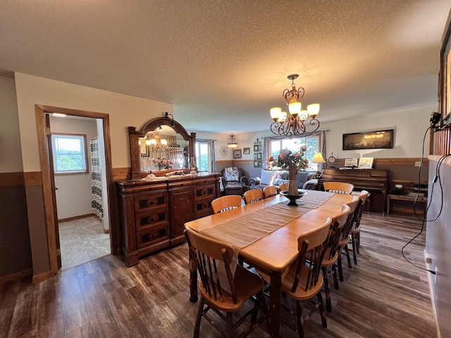 4250 Standing Rock Rd, Jamestown, TN 38556 - dining area with a chandelier, dark wood-style floors, plenty of natural light, a textured ceiling, and a wainscoted wall