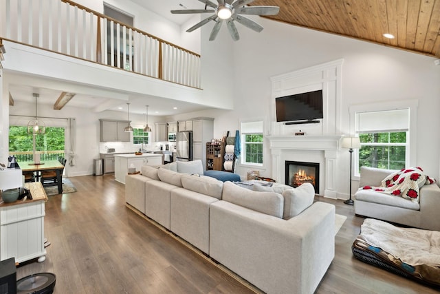 3650 Riggins Rd, Cumberland Furnace, TN 37051 - living room with a ceiling fan, healthy amount of natural light, wooden ceiling, a glass covered fireplace, and wood finished floors