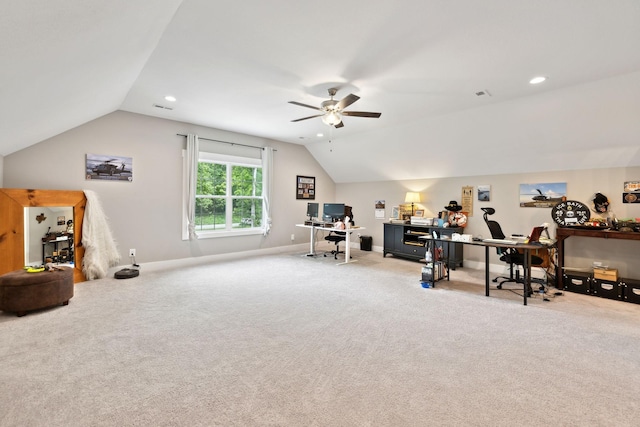 3650 Riggins Rd, Cumberland Furnace, TN 37051 - carpeted office with lofted ceiling, a ceiling fan, baseboards, and recessed lighting