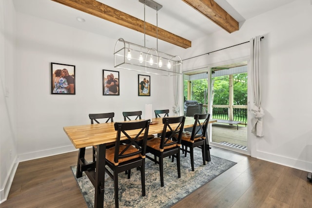 3650 Riggins Rd, Cumberland Furnace, TN 37051 - dining space featuring beam ceiling, baseboards, and dark wood-type flooring